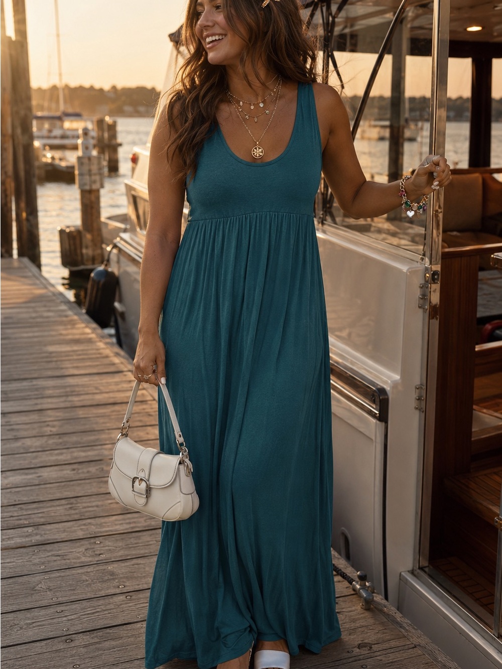 ☀️ Sleeveless Empire Waist Teal Maxi Dress - Casual Summer Style